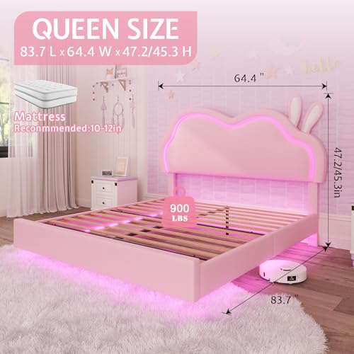 AMERLIFE Floating Queen Bed Frame with Adjustable RGB LED Headboard, Leather Upholstered Platform Bed for Kids/Girls,Wood Slats Support, No Box Spring Needed, Easy Assembly, Pink AMERLIFE