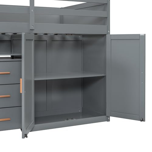 YOPTO Twin Size Bunk Bed with Trundle,Wardrobe,Desk,2 Cabinets and 5 Drawers,Multifunctional Wood Bed Frame W/Integrated Ladder,Safety Guardrails & Slats Support,Easy Assembly,for Kids,Teens,Gray YOPTO