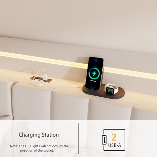 USHOW Floating Bed Frame King Size with Storage Headboard, Upholstered Bed Frame with LED Lights and Charging Station, No Box Spring Needed, Beige USHOW