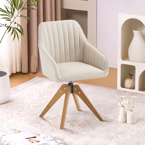 Furniliving 36.8'' Mid Century Modern Swivel Accent Chair for Living Room, Wood Desk Chair with Arms Mid Back Arm Chairs Upholstered Home Office Chair No Wheels for Home Office/Bedroom, Beige Furniliving