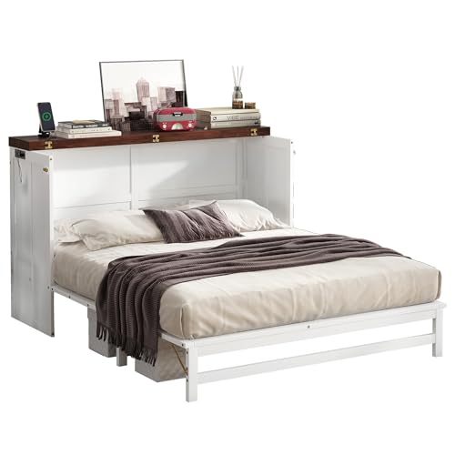 DaiNNCN Cabinet Murphy Bed with Storage Drawer and Charging Station,Cube Foldable Platform Bed,Space-Saving for Living Room,No Box Spring Needed,Queen Size,White+Walnut DaiNNCN