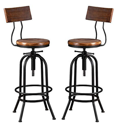 LOKKHAN Industrial Bar Stool-26-32 Inch Adjustable Swivel Round Wood Metal Kitchen Stool Rustic Farmhouse Counter Height Extra Tall Bar Height Stool-Arc-Shaped Backrest,Welded,Set of 2