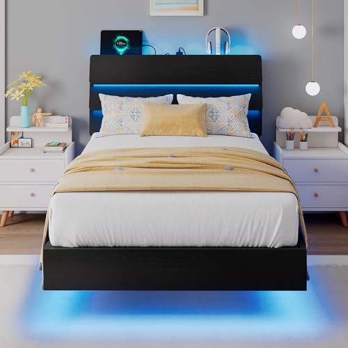 iPormis Floating Twin Size Bed Frame with LED Lights & Charging Station, Platform Bed with Wooden Storage Headboard, Heavy Duty Slats Support, No Box Spring Needed, Easy Assembly, Noise-Free, Black iPormis