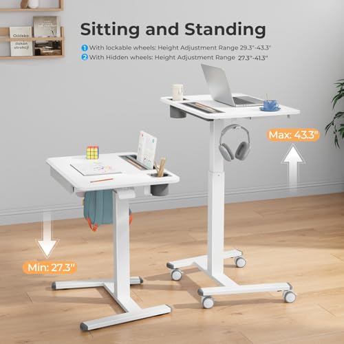 JYLH JOYSEEKER Mobile Standing Desk with Drawer, 28" Rolling Desk with Cup Holder and Hooks, Portable Laptop Cart on Wheels, Height Adjustable Workstation with Storage for Home Office, White JYLH JOYSEEKER