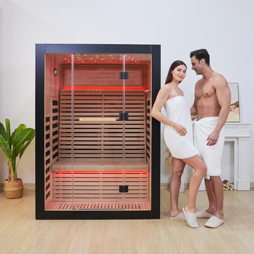RIGO 2 Person Infrared Sauna for Home - Canadian Hemlock Luxury Spa with Exclusive Star Sky Roof & Oxygen Bar, 7 Low EMF Graphene Heaters, Bluetooth RIGO