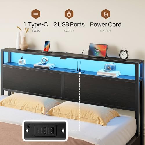 Rolanstar Queen Bed Frame with 4 Storage Drawers, Charging Station and LED Lights, Metal Platform Bed with 2-Tier Storage Headboard, No Box Spring Needed, Easy Assembly, Noise-Free, Black Rolanstar