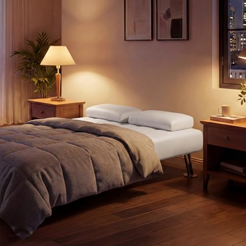 YESHOMY Modern Futon Sofa Bed, Convertible Futon Couch with Adjustable Backrest, Futon Loveseat Sleeper Sofa Bed with Armrest for Living Room, Small Spaces,PU Leather, White YESHOMY