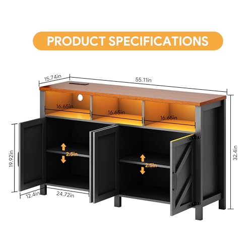 knoworld Buffet Sideboard with Storage with Power Outlets & LED Light 4 Doors, 55'' Large Farmhouse Kitchen Storage Cabinet Wood Coffee Bar Cabinet Buffet Table for Kitchen, Dining Room, Entryway knoworld