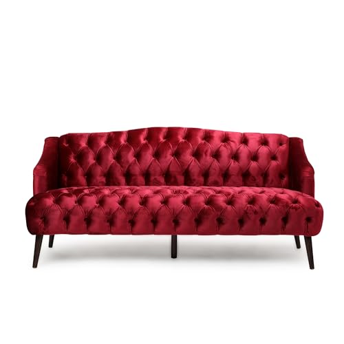 Christopher Knight Home Minxi Velvet Sofa Couch, Home Sofa Living Room with Birch Wood Legs, Comfort Modern 3 Seater Couch with Button Tufted Diamond Stitch, Luxury Chaise Lounge Chair, Wine Red Christopher Knight Home