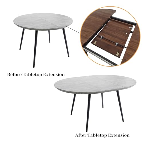 HIPIHOM 43.3"-59.1" Extendable Round Dining Table Set, Kitchen Table for 6 Person with Scratch-Resistant Thickened MDF Board, Gray Coffee Table w/Metal Legs HIPIHOM