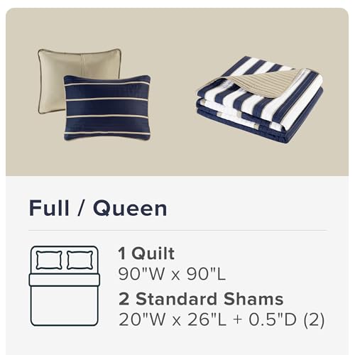 Comfort Spaces Quilt Set Trendy Casual Fun, Vibrant Color Design, Hypoallergenic All Season, Lightweight Coverlet Bedspread Cozy Kids Bedding & Sham Full/Queen Verone White Blue Stripe 3 Piece Comfort Spaces