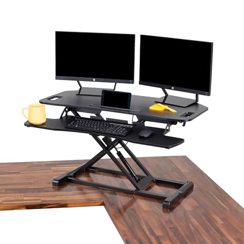 Flexpro Hero Corner Standing Height Adjustable 37 inch Desk Converter, for Cubicles & L-Shaped Desks, 2 Level Sit to Stand Workspace with Keyboard Shelf & Monitor Riser, (Black, 37 x 18 x 4.5 to 20) Stand Steady