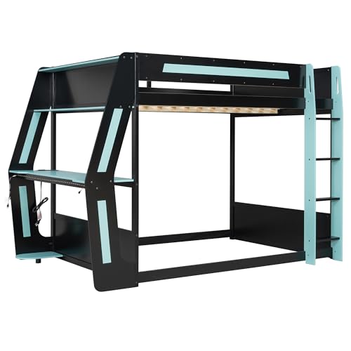 SOFTSEA Full Size Gaming Loft Bed with Desk, LED Lights & Charging Station, Wood Full Gaming Bunk Bed with Desk and Storage Shelves for Kids Teens Adults, Black & Blue SOFTSEA