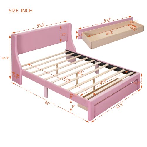 Anwick Queen Size Storage Bed Frame Velvet Upholstered Platform Bed with a Big Drawer, Upholstered Bed Frame with Strong Wooden Slats, No Box Spring Needed, Easy Assembly (Pink, Queen) Anwick