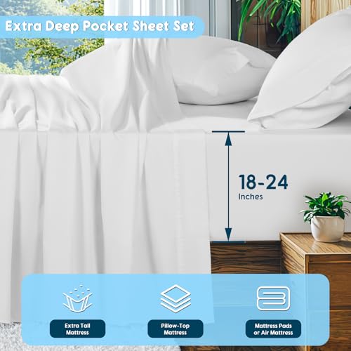 SONORO KATE 100% Egyptian Cotton Sheets Set, Extra Deep Pocket up to 18"-24",1000 High Thread Count, Soft & Breathable 5-Star Hotel Sateen Bed Sheets - 4 PC (White,Queen) SONORO KATE