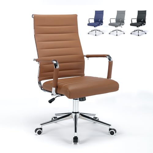 Office Desk Chair Leather, Conference Room Chairs with Wheels, Executive Modern High Back Ergonomic Swivel Rolling Ribbed Computer Chair(Brown) BoisKom