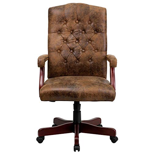 Flash Furniture Derrick Traditional Microfiber Tufted Swivel Office Chair with Wood Base, Ergonomic Farmhouse High-Back Desk Chair, Bomber Brown Flash Furniture