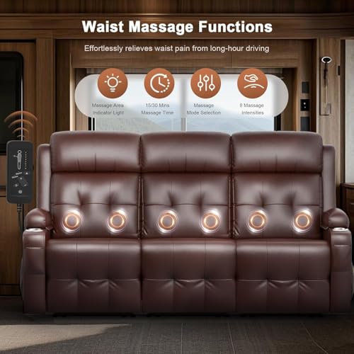 Futon Sofa Bed, 3-Seater Reclining Futon Home Theater Seating Couch with Flip Middle Backrest, RV Wall Hugger Sleeper Sofa Bed with Pockets, Dawer & Cup Holders, 150° Recline for RV & Living Room Tiooii