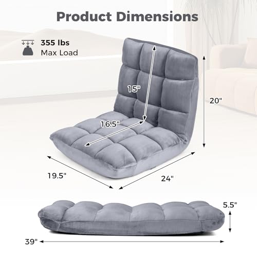 COSTWAY Floor Chair, Video Gaming Chairs with Back Support, Adjustable 14-Position, Alloy Steel Frame, Lazy Sofa Lounge Recliner for Adults Kids (Silver Grey)