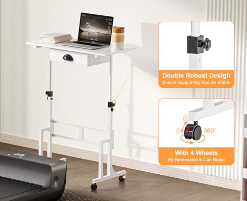 Adjustable Height Standing Desk With Drawer, Rolling Sit Stand Up Desk With Wheels, Small Sit To Stand Computer Desk, Adjustable Desktop Height, On Wheels, White, For Walking Pad Laptop Treadmill Cidaziya