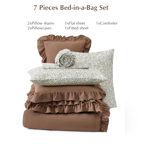 BLOOMHAVEN Queen Comforter Set - 7 Pieces Ruffle Amber Brown Bedding Sets, Shabby Chic Farmhouse Bed in a Bag with Ruffle Comforter, Floral Sheets, Pillowcases & Shams BLOOMHAVEN