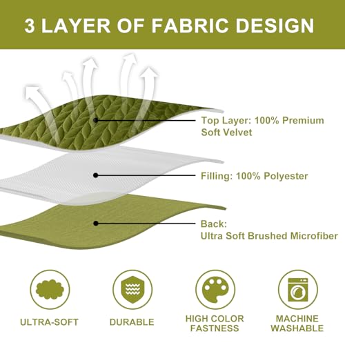 Ivellow Velvet Quilt Queen Size Green Lightweight Velvet Comforter Set Oversized Bedspread Coverlet Full for All Season 3Pcs Luxury Quilted Bedding Ivellow