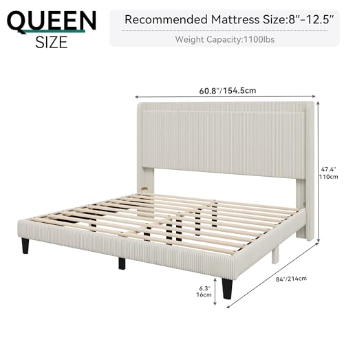 YITAHOME Queen Bed Frame with Adjustable Corduroy Wingback Headboard 43.3"-47.2", Upholstered Platform Bed, Solid Wood Slat Support, No Box Spring Needed,Beige Cream YITAHOME