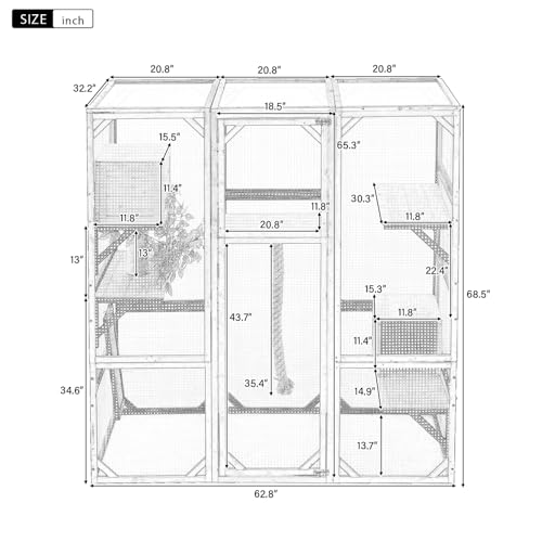 Outdoor Cat Catio Enclosures Large Pine Wood Cat House Patio for Feral Cat Shelter with 2 Enter Doors, 2 Resting Rooms, 3 Platforms, 68.5" H (Black Brown) Caviresta