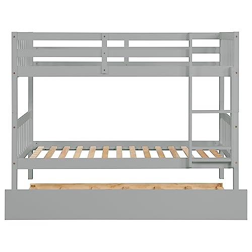 PVWIIK Twin Over Twin Rubber Wood Bunk Bed with Trundle for Kids,Boy,Girl Bedroom, Convertible into Twin Size Beds, Twin Size Bunk Bed with Ladder and Safety Guardrails,Grey PVWIIK