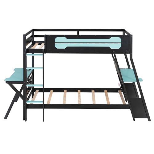 SOFTSEA Gaming Bunk Bed with Desk, Storage, Pegboard & Charging Station, Twin Over Twin Wood Bunk Bed with 2 Desks for Kids Teens & Adults, Space Saving, Black & Blue SOFTSEA