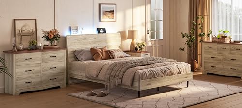 LINSY Ergonomic Queen Bed Frame with RGB Lights, Storage Headboard & Charger - Beige Farmhouse Design LINSY