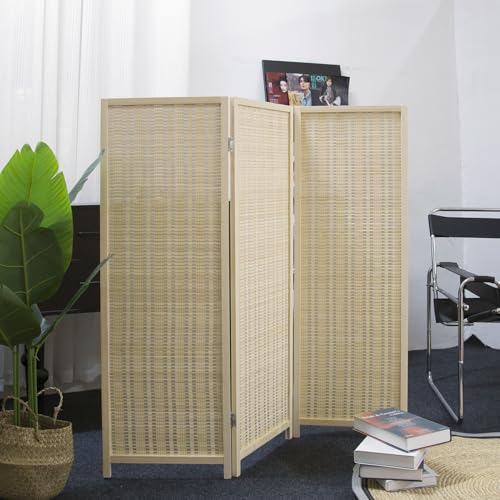 Furnnylane 3 Panel Short Room Divider Screen,Beige Freestanding Partition,Small Bamboo Panel Divider for Room Seperation,3.95 FT Tall Furnnylane