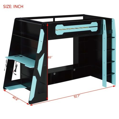 Ball & Cast Twin Size Gaming Loft Bed with Desk,Wood Gamer Bed Frame w/Shelves and RGB Light,Underbed Storage Space,Stairs,Full-Length Guardrail,Bedroom Furniture for Student Dorms,Cloud Blue Ball & Cast