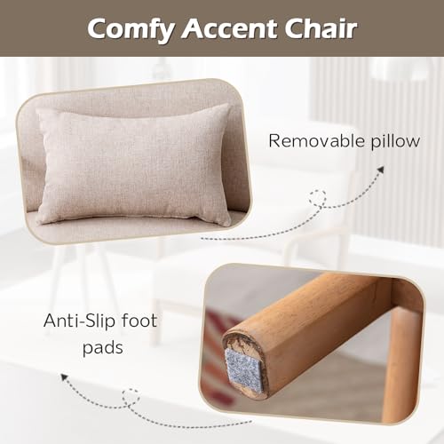 INZOY Mid Century Modern Accent Chair with High Back, Upholstered Living Room Chairs with Waist Cushion, Wood Frame Reading Armchair for Bedroom Sunroom, Beige INZOY