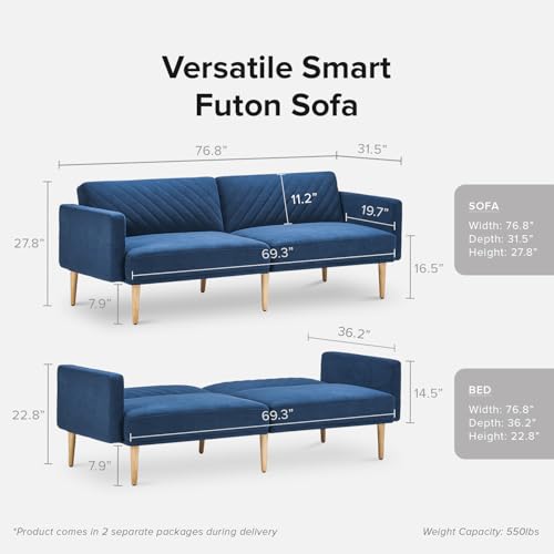 mopio 76.4" Futon Sofa Bed, Couch, Loveseat, Sleeper Sofa, Mid Century Modern Futon Couch, Sofa Cama, Couches for Living Room (Classic Blue Velvet) mopio