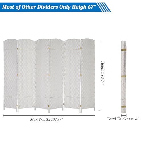 VINGLI 6-Panels Tall Rattan Room Divider, 6 FT Folding Privacy Screen, Indoor Partition Wall Dividers, Freestanding Hinged Space Separator (White) VINGLI