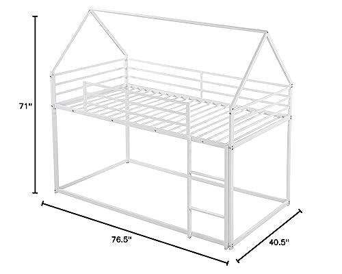 Merax Modern Heavy Metal House Low Bunk Bed Twin Over Twin, Montessori Floor Bunk Bed Frame with Full-Length Guardrail/No Box Spring Needed White Merax