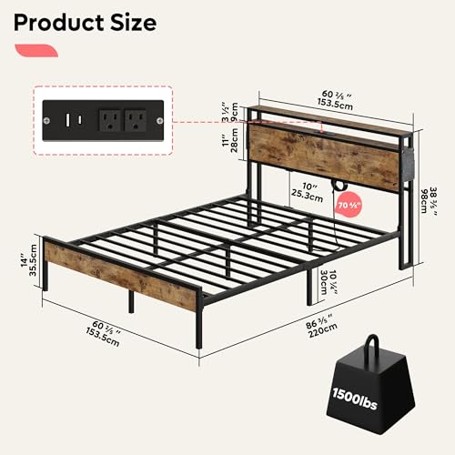 Bestier Queen Size LED Platform Bed Frame with Headboard, Storage, and Charging Station Bestier
