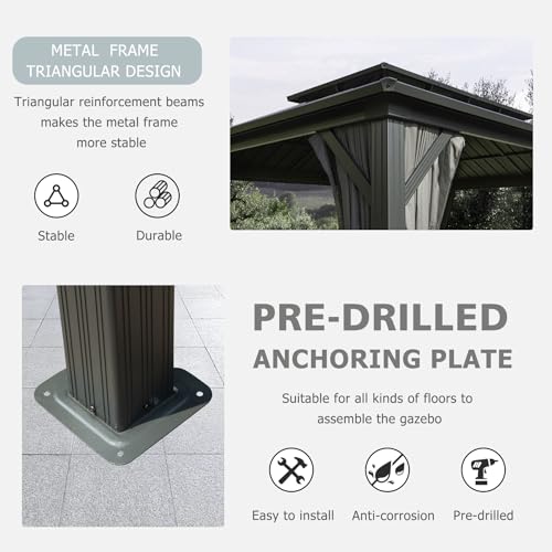 Domi Hardtop Gazebo 8x8FT, Aluminum Outdoor Gazebo with Galvanized Steel Double Roof Canopy, Curtains and Netting Included, Metal Gazebo Permanent Pavilion for Patio, Lawn, Garden, Gray domi outdoor living