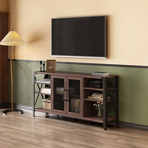 Vabches Dark Brown Farmhouse Wine Bar Cabinet with LED Lighting and Ample Storage Vabches