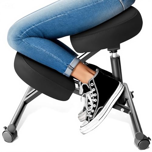 PU Leather Ergonomic Kneeling Chair, Adjustable Home and Office Stool with Thick Pads and Flexible Lockable Brake Wheels for Back Pain Relief(Black) DENGTELI