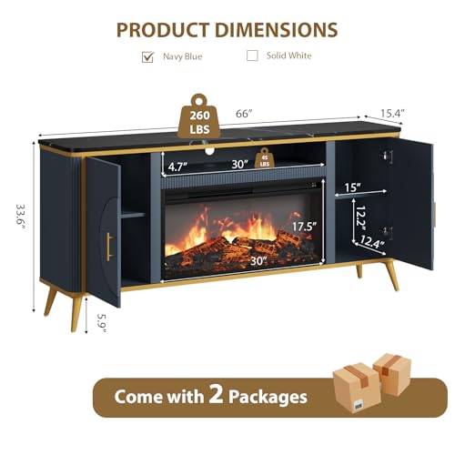 Fluted Fireplace TV Stand Up to 80" TVs, Modern Entertainment Center with 30" Electric Fireplace, Luxury Media Console with Adjustable Shelves for Living Room, Navy Blue RNLRNL