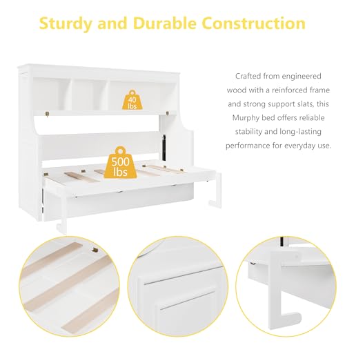 Polibi White Finish Twin Size Murphy Bed with Built-in Desk & Storage Shelves,Space-Saving Wall Bed for Home Office, Guest Room, Apartments,Easy Fold-Down Mechanism,Sturdy Engineered Wood Polibi