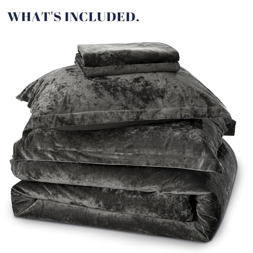 PHF Crushed Velvet Comforter Set King Size, 5-Piece Luxury Winter Bedding Sets with 2 Euro Shams, Heavyweight Warm Fluffy Velvet Bed Spread, Glam Home Decor, Grey PHF