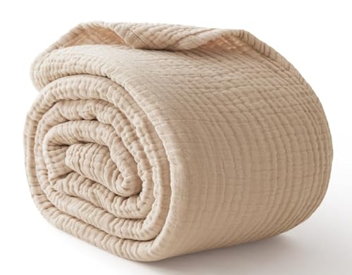 Kozyhvn Cooling Throw Blanket Twin XL 66" x 90", 6 Layers Muslin Blankets 100% Cotton, Breathable and Lightweight Twin Blanket for Bed, Soft Bedspread, Gauze Bedding for All Season, Beige Linen Kozyhvn