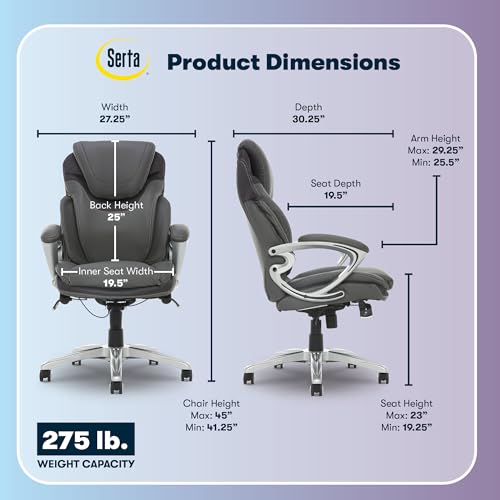 Serta Bryce Executive Office Chair, Ergonomic Computer DeskChairs with Patented AIR Lumbar Support, Comfy Body Pillows, Height Adjustable, Swivel Base with Wheels, Bonded Leather, Gray Serta