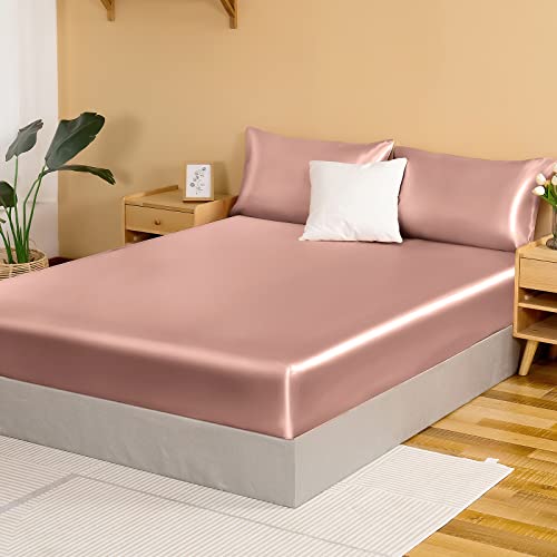 NSGZ Satin Fitted Sheet Full, Single Silky Fitted Sheet Only Soft Deep Pocket Bottom Bed Sheets, Wrinkle Free & Fade Resistant & Breathable Bottom Sheets- Champagne NSGZ