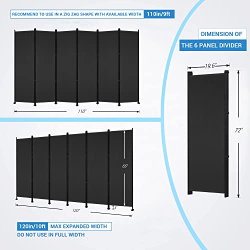 MAYOLIAH 6 Panel Room Dividers Folding Privacy Screen, 10ft Wide 6ft Tall Partition Office Walls Separator with Small Base, Black MAYOLIAH