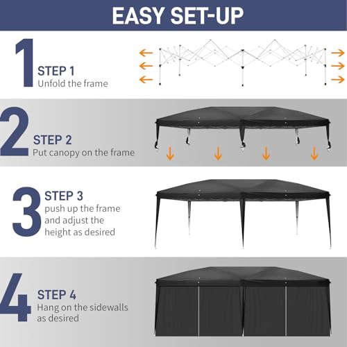 Outvita 10x20ft Pop Up Canopy Tent, Outdoor Instant Shelter Folding Canopy with 6 Side Walls and Carry Bag for Commercial Events, Party, Backyard BBQ, Camping Black Outvita