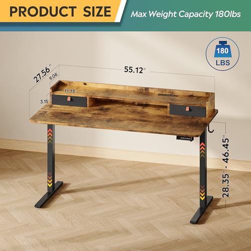 DEVAISE 55×28 Inch Electric Standing Desk with Drawers, Computer Desk with 3 Adjustable Height, Storage Shelf, Built-in USB Outlets and Memory Preset, Sit to Stand Desk for Home Office, Rustic Brown DEVAISE